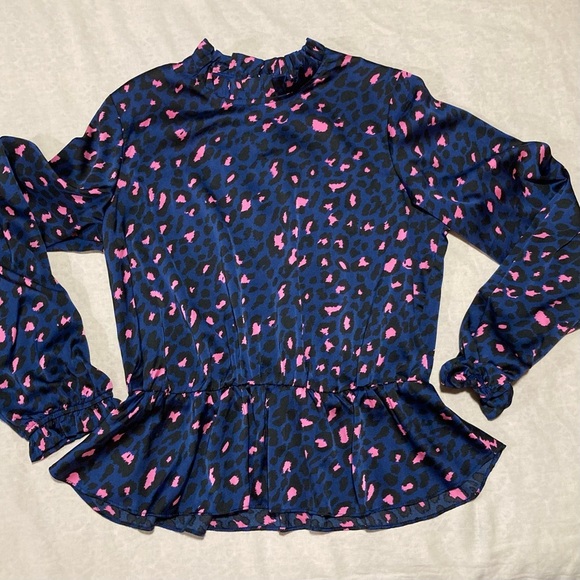 Scoop NYC Blue and Pink Peplum Blouse with Ruffled Mandarin Collar - Picture 1 of 11